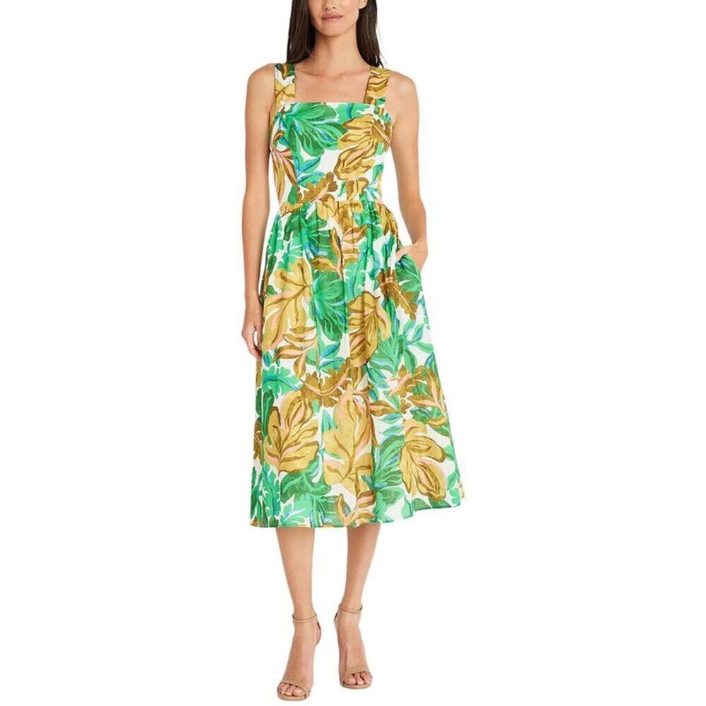 Maggy London Green and Gold Leaf Print Midi Dress Size 16